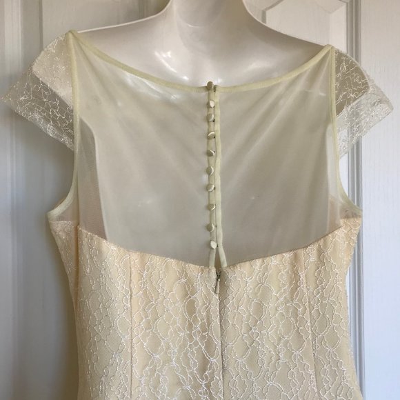 Badgley Mischka Bridesmaids Floor Length Pale Yellow Lace Overlay Mesh Back Gown - Picture 10 of 10